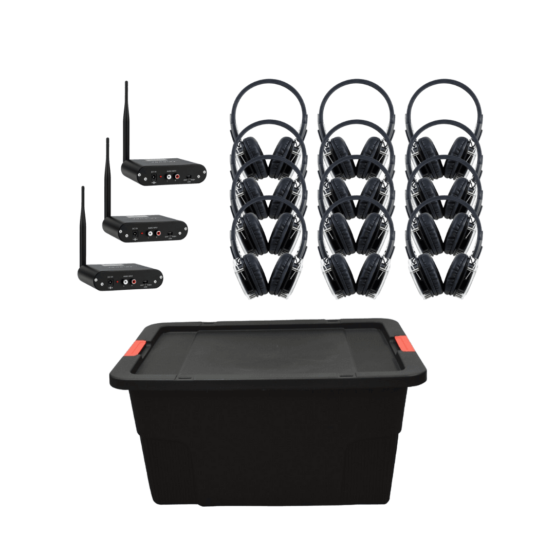 Three transmitters, thirty wireless headphones and the black storage tub they arrive in